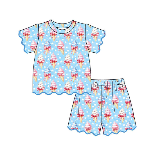 GSSO3547 Preorder Baby Girls Bow Ice Cream Stars Top Scallop Short 4th of July Clothes Sets