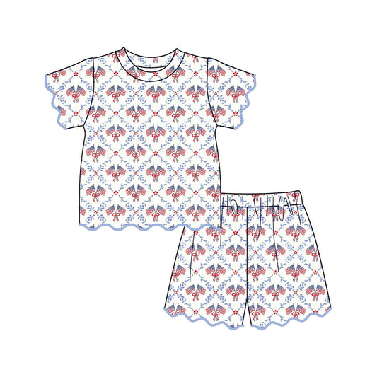 GSSO3549 Preorder Baby Girls Bow Flags Checked Top Scallop Short 4th of July Clothes Sets