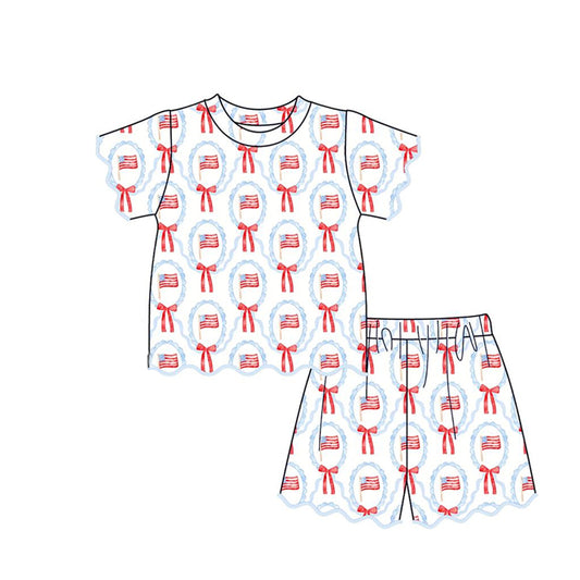 GSSO3552 Preorder Baby Girls Flag Bows Checked Top Scallop Short 4th of July Clothes Sets