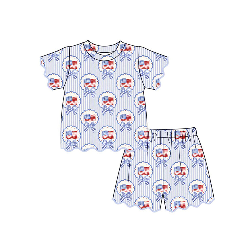 GSSO3555 Preorder Baby Girls Blue Stripe Bows Flags Top Scallop Short 4th of July Clothes Sets