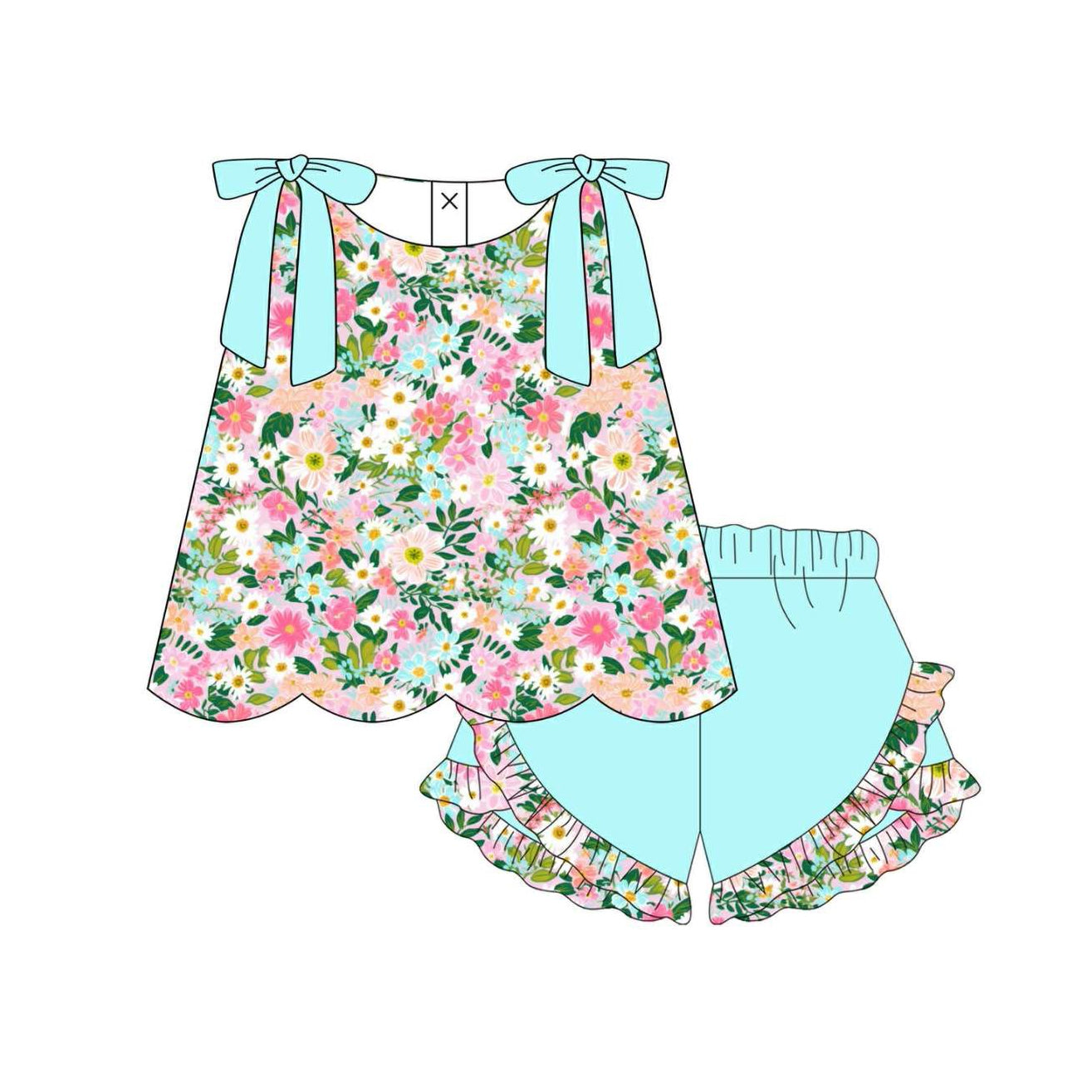 GSSO3556 Preorder Baby Girl Colorful Floral Scallop Tunic Ruffle Short Clothes Sets