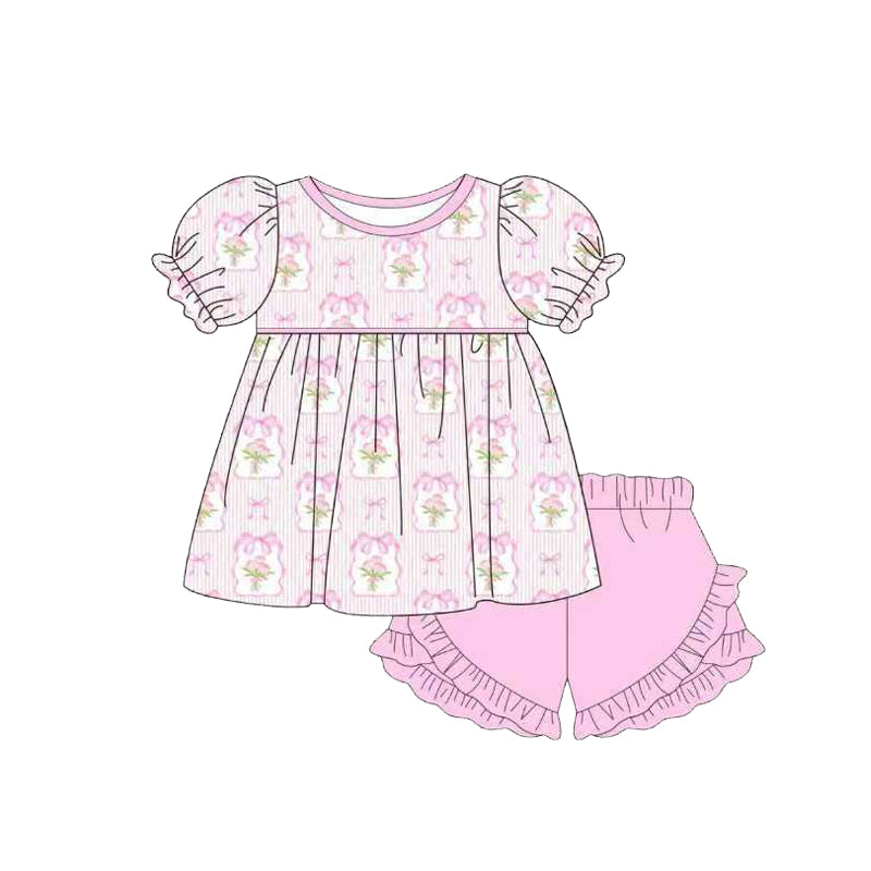 GSSO3557 Preorder Baby Girl Pink Stripe Floral Bows Tunic Ruffle Short Clothes Sets