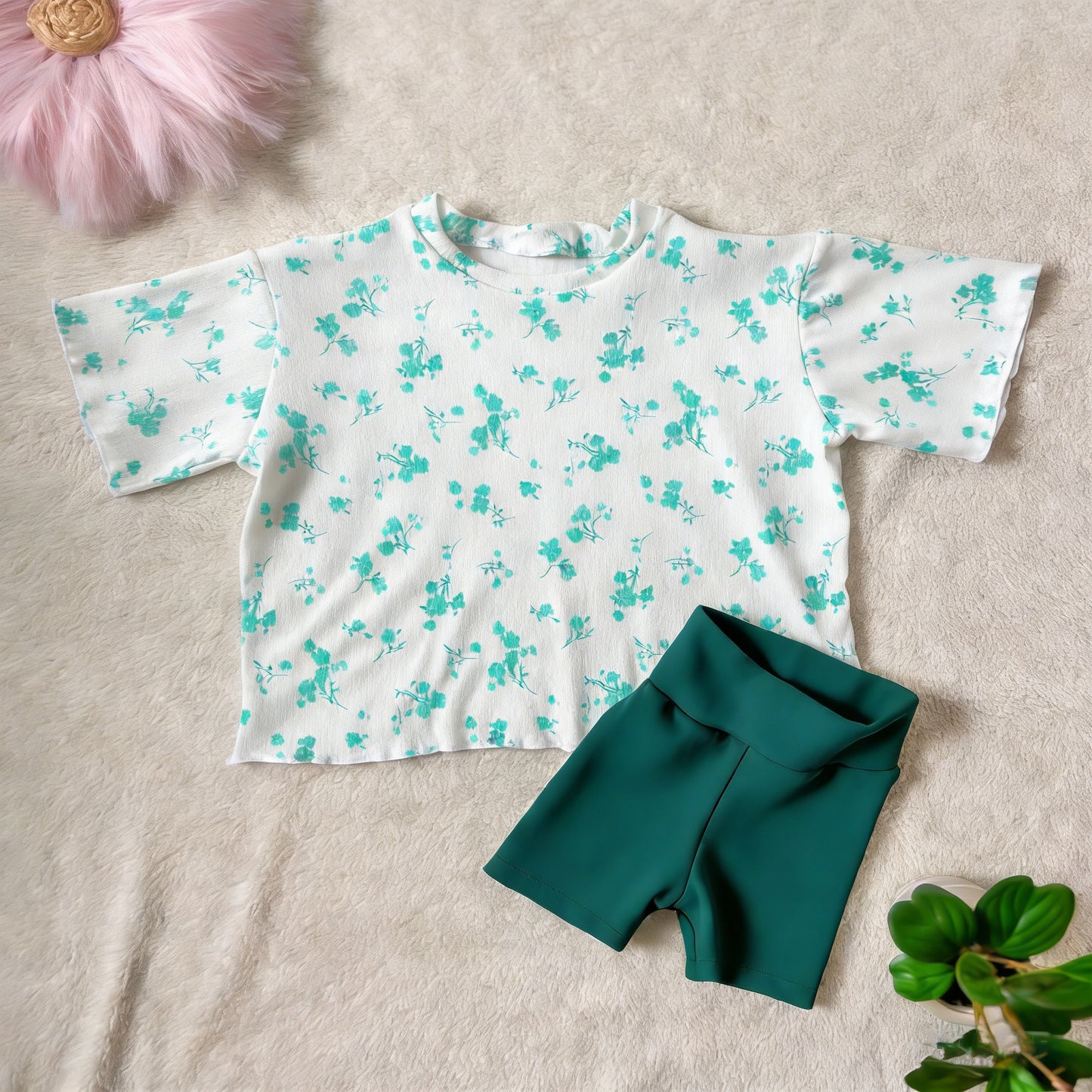 GSSO3559 Preorder Baby Girl Green Flowers Top Biking Short Clothes Sets