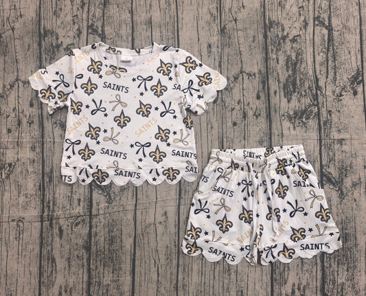 GSSO3561 Preorder Sample Baby Girls Star Bows Saints Top Scallop Short Team Clothes Sets