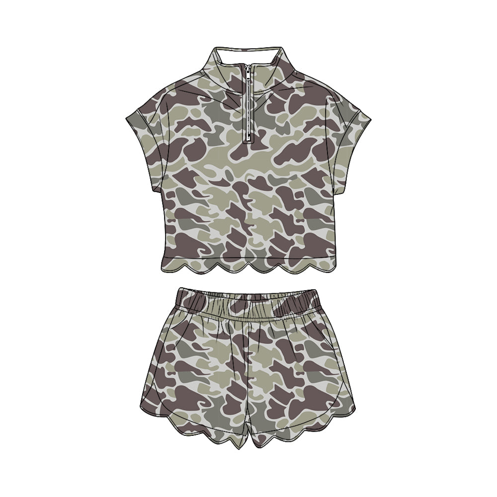 GSSO3562 Preorder Baby Girl Southern Grey Camo Zipper Top Scallop Short Clothes Sets