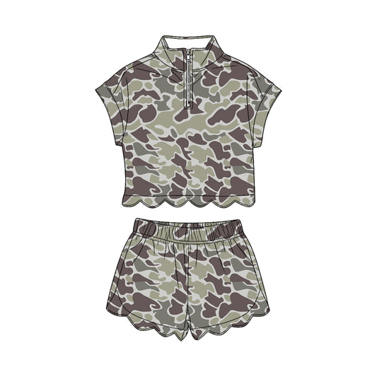 GSSO3562 Preorder Baby Girl Southern Grey Camo Zipper Top Scallop Short Clothes Sets