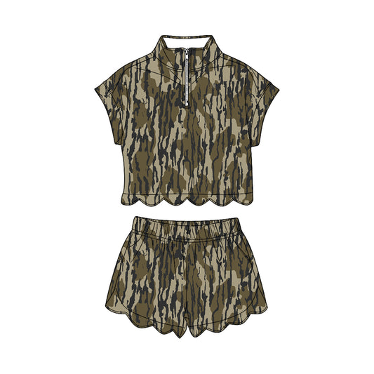 GSSO3563 Preorder Baby Girl Southern Olive Camo Zipper Top Scallop Short Clothes Sets