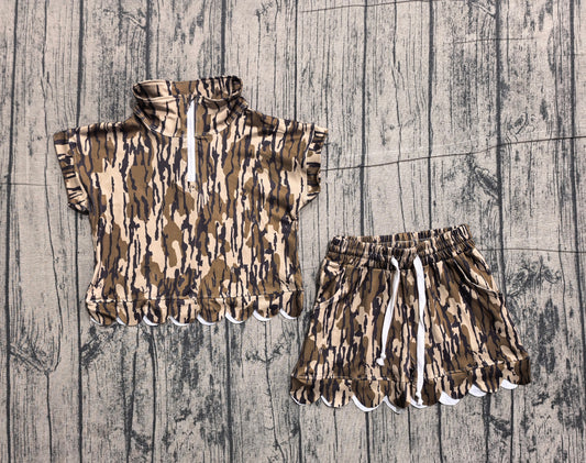 GSSO3563 Preorder Sample Baby Girl Southern Olive Camo Zipper Top Scallop Short Clothes Sets