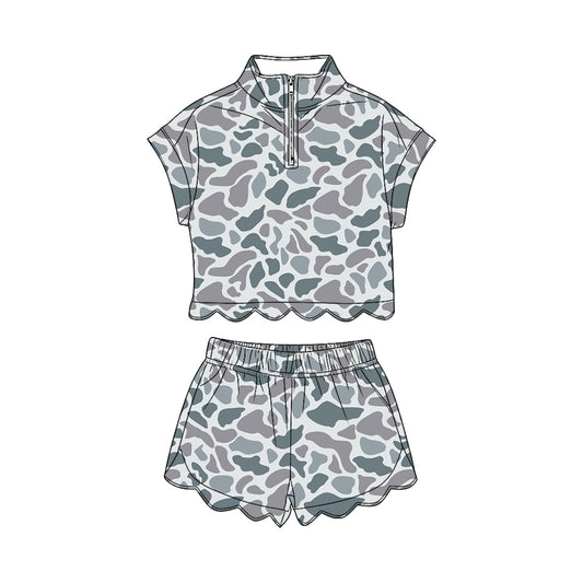 GSSO3564 Preorder Baby Girl Southern Light Grey Camo Zipper Top Scallop Short Clothes Sets
