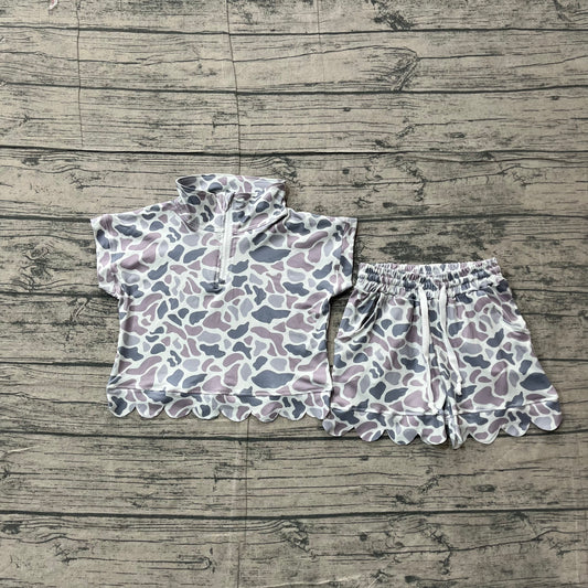 GSSO3564 Preorder Sample Baby Girl Southern Light Grey Camo Zipper Top Scallop Short Clothes Sets
