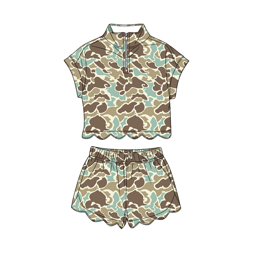 GSSO3565 Preorder Baby Girl Southern Khaki Camo Zipper Top Scallop Short Clothes Sets