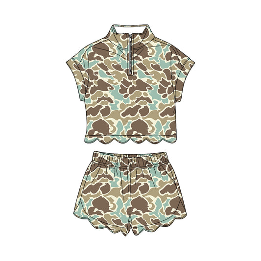 GSSO3565 Preorder Baby Girl Southern Khaki Camo Zipper Top Scallop Short Clothes Sets