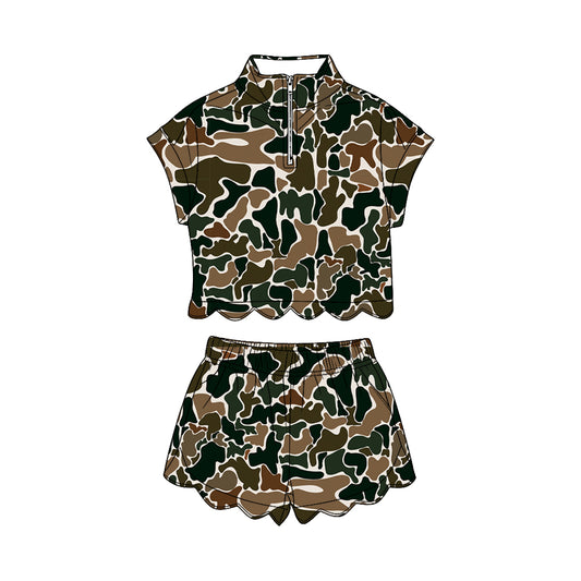 GSSO3566 Preorder Baby Girl Southern Dark Brown Camo Zipper Top Scallop Short Clothes Sets