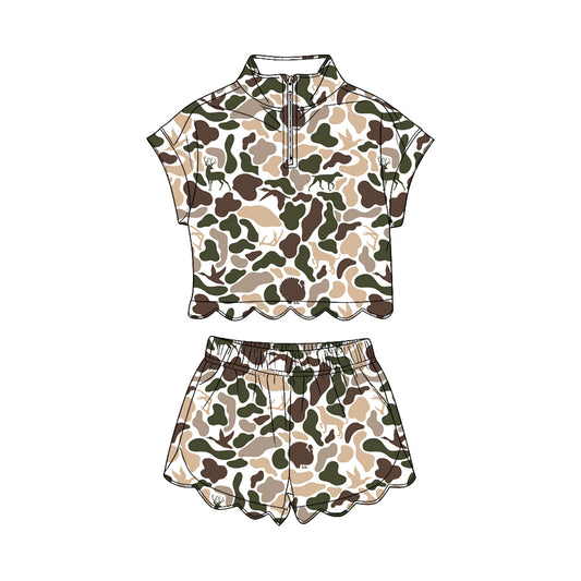 GSSO3567 Preorder Baby Girl Dog Ducks Camo Zipper Top Scallop Short Hunting Clothes