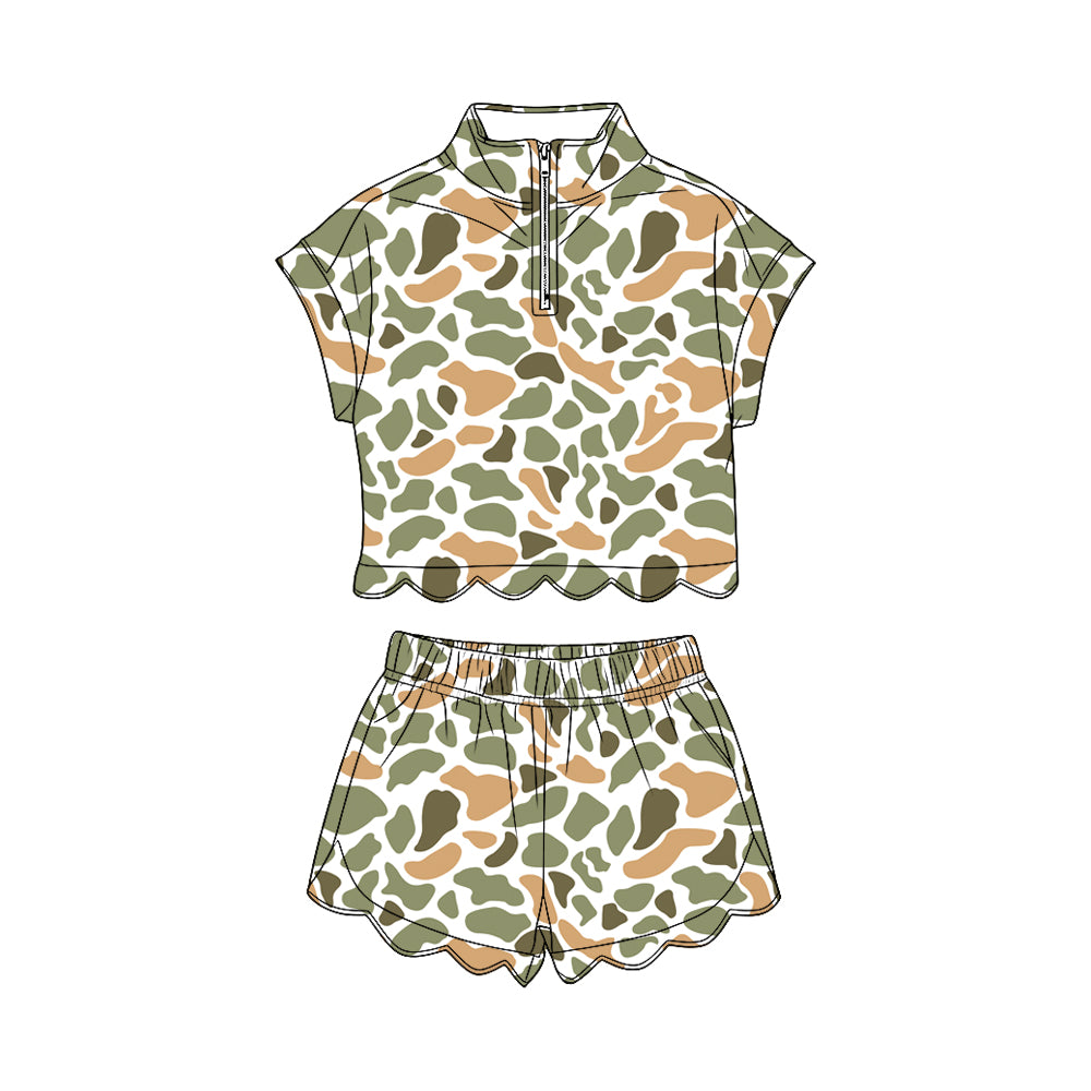 GSSO3568 Preorder Baby Girl Southern Orange Camo Zipper Top Scallop Short Clothes Sets
