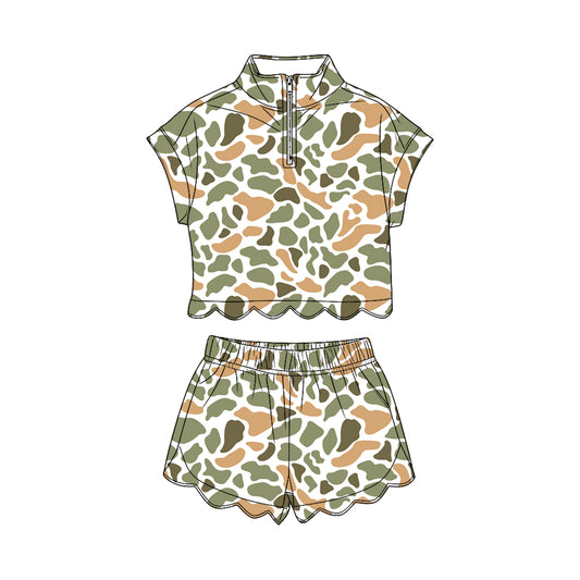 GSSO3568 Preorder Baby Girl Southern Orange Camo Zipper Top Scallop Short Clothes Sets