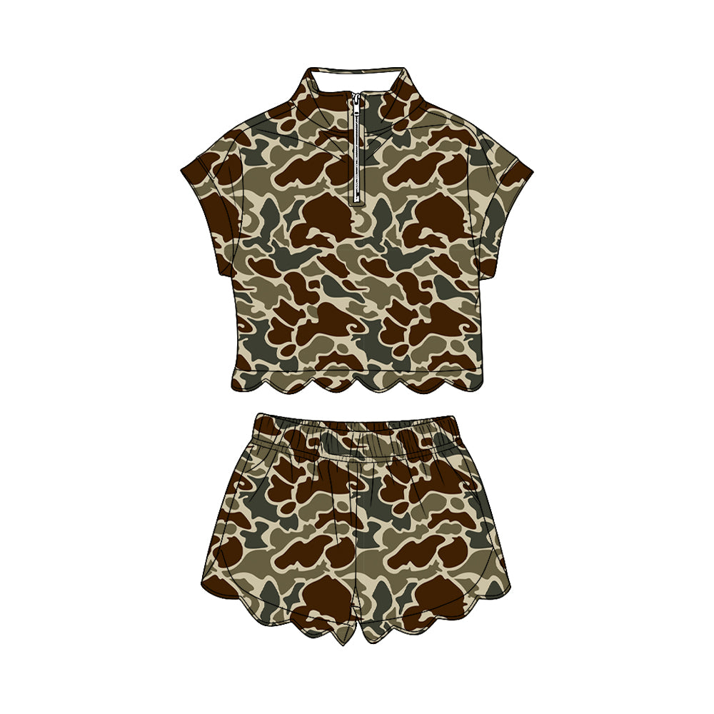 GSSO3569 Preorder Baby Girl Southern Dark Khaki Camo Zipper Top Scallop Short Clothes Sets