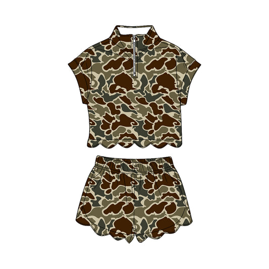GSSO3569 Preorder Baby Girl Southern Dark Khaki Camo Zipper Top Scallop Short Clothes Sets