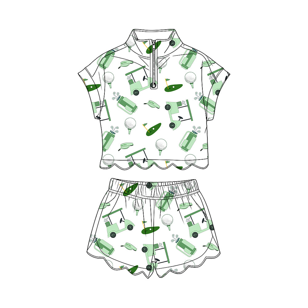 GSSO3570 Preorder Baby Girl Green Golf Trucks Zipper Top Scallop Short Clothes Sets