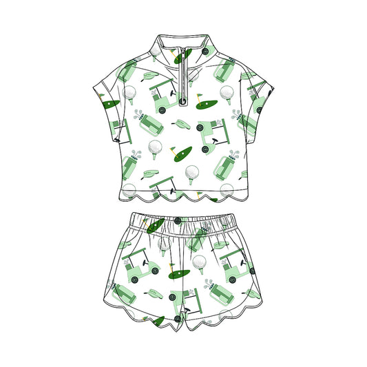 GSSO3570 Preorder Baby Girl Green Golf Trucks Zipper Top Scallop Short Clothes Sets