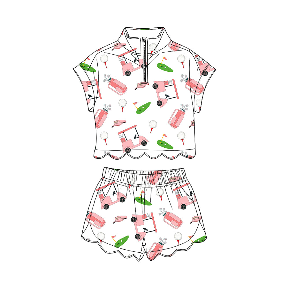 GSSO3571 Preorder Baby Girl Pink Golf Trucks Zipper Top Scallop Short Clothes Sets