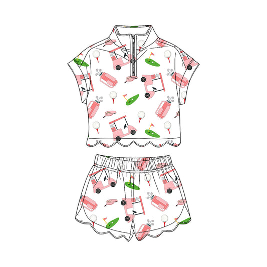 GSSO3571 Preorder Baby Girl Pink Golf Trucks Zipper Top Scallop Short Clothes Sets