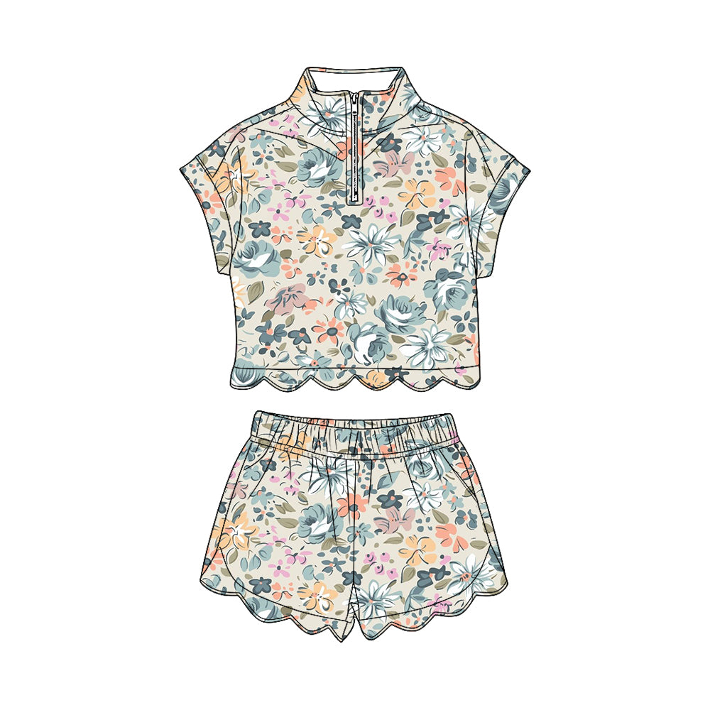 GSSO3572 Preorder Baby Girl Colorful Flowers Zipper Top Scallop Short Clothes Sets