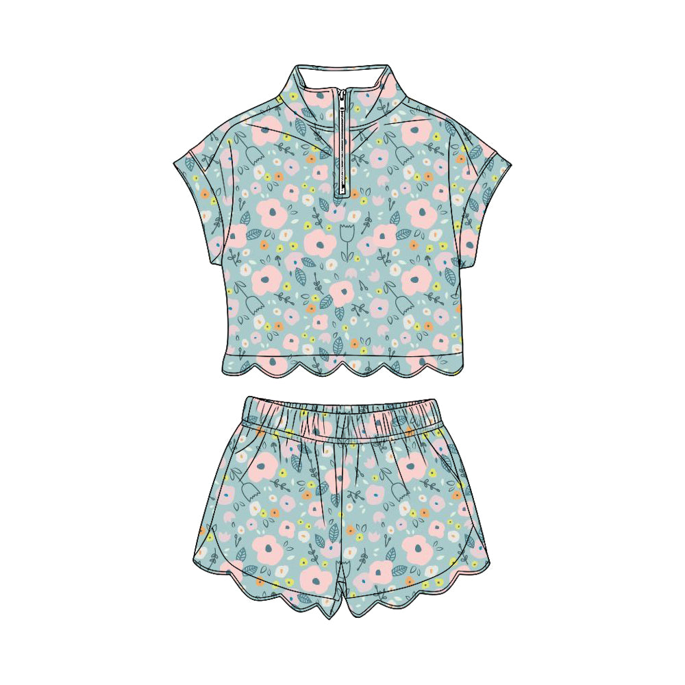 GSSO3573 Preorder Baby Girl Colorful Flowers Zipper Top Scallop Short Clothes Sets