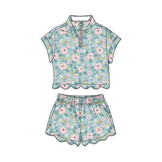 GSSO3573 Preorder Baby Girl Colorful Flowers Zipper Top Scallop Short Clothes Sets