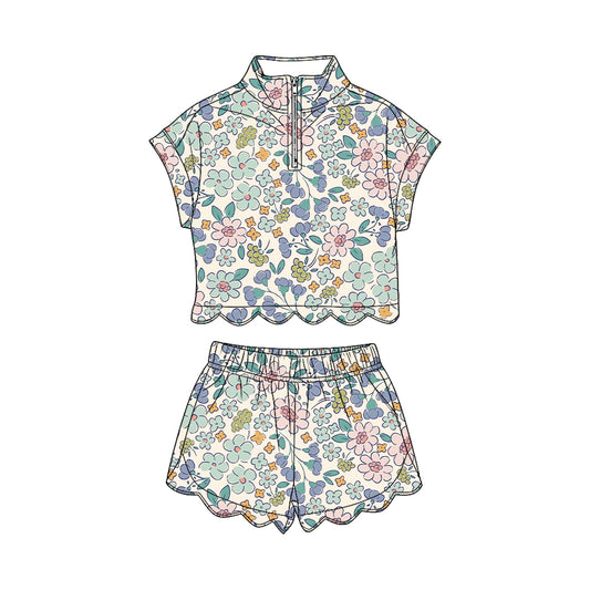 GSSO3574 Preorder Baby Girl Colorful Flowers Zipper Top Scallop Short Clothes Sets
