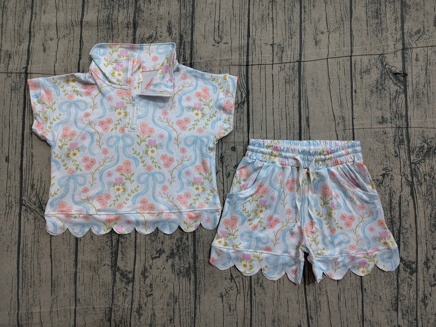 GSSO3575 Preorder Sample Baby Girls Bows Flowers Zipper Top Scallop Short Clothes Sets