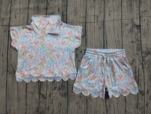 GSSO3575 Preorder Sample Baby Girls Bows Flowers Zipper Top Scallop Short Clothes Sets