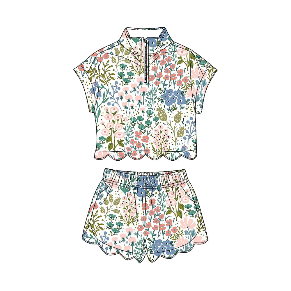 GSSO3576 Preorder Baby Girl Colorful Flowers Zipper Top Scallop Short Clothes Sets