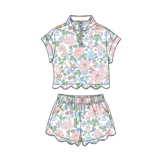 GSSO3577 Preorder Baby Girl Colorful Flowers Zipper Top Scallop Short Clothes Sets