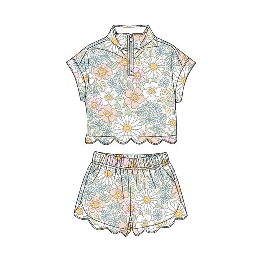 GSSO3578 Preorder Baby Girl Colorful Flowers Zipper Top Scallop Short Clothes Sets