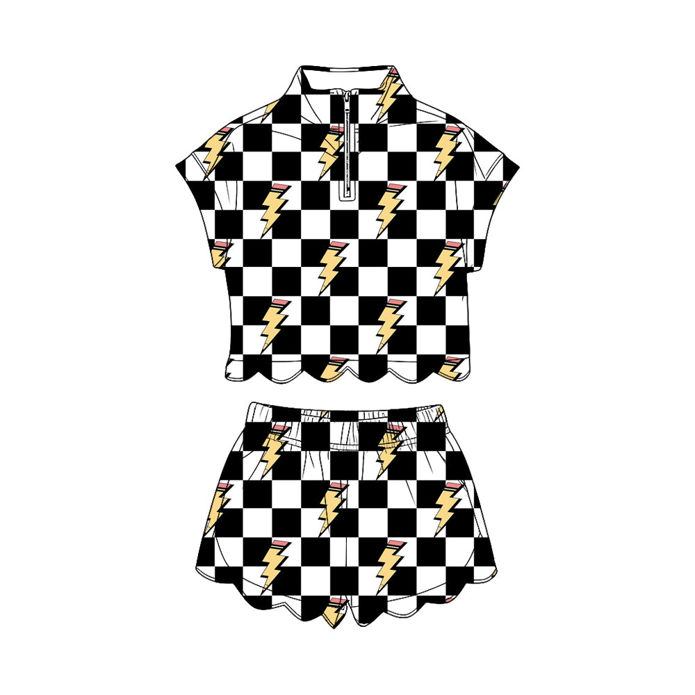 GSSO3580 Preorder Baby Girl Black Checked Lightnings Zipper Top Scallop Short Clothes Sets
