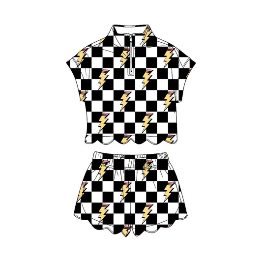 GSSO3580 Preorder Baby Girl Black Checked Lightnings Zipper Top Scallop Short Clothes Sets
