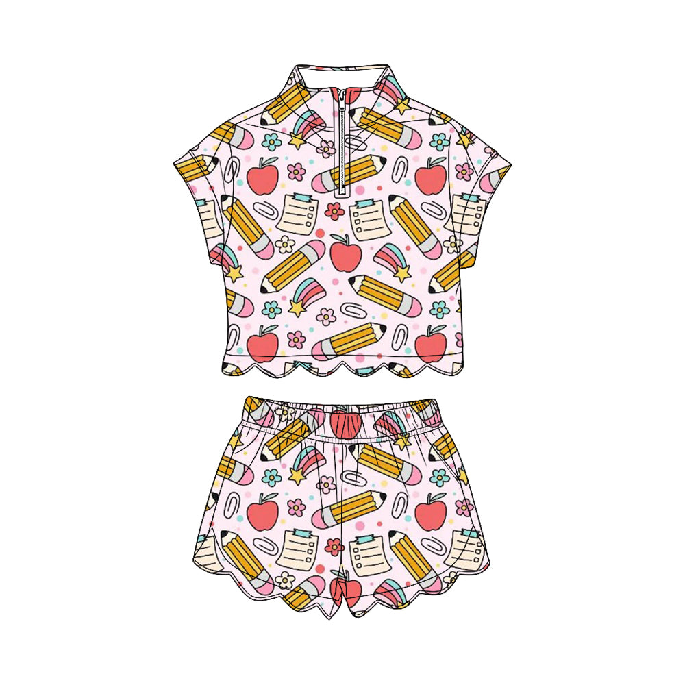 GSSO3581 Preorder Baby Girl Pencils Flowers Zipper Top Scallop Short 4th of July Clothes Sets