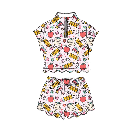 GSSO3581 Preorder Baby Girl Pencils Flowers Zipper Top Scallop Short 4th of July Clothes Sets
