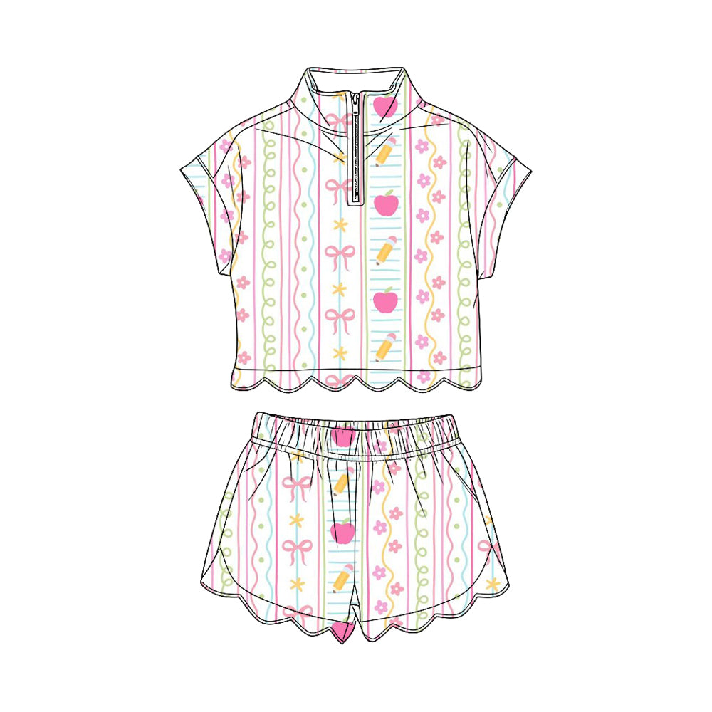 GSSO3582 Preorder Baby Girl Pencils Flowers Zipper Top Scallop Short 4th of July Clothes Sets