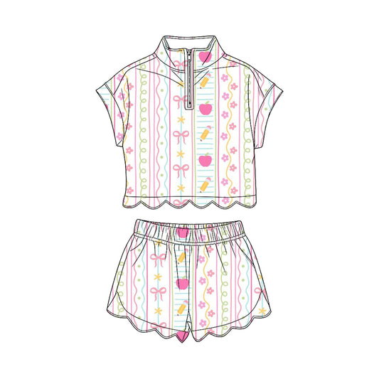 GSSO3582 Preorder Baby Girl Pencils Flowers Zipper Top Scallop Short 4th of July Clothes Sets