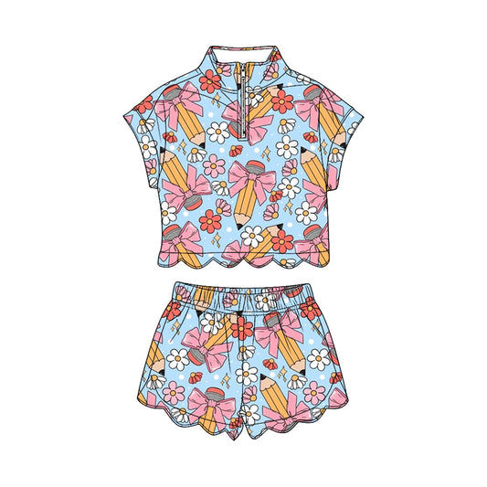 GSSO3585 Preorder Baby Girl Pencils Flowers Zipper Top Scallop Short Back to School Clothes Sets