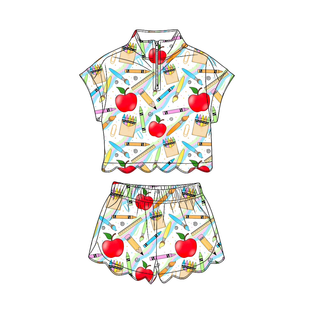 GSSO3586 Preorder Baby Girl Pencils Apples Zipper Top Scallop Short 4th of July Clothes Sets