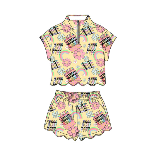 GSSO3587 Preorder Baby Girls Pencil Rainbows Zipper Top Scallop Short Back to School Clothes Sets
