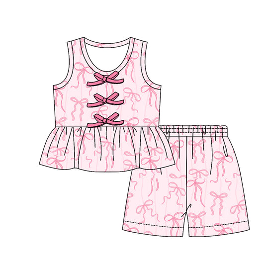 GSSO3588 Preorder Baby Girl Sleeveless Pink Bows Button Tunic Short Clothes Sets