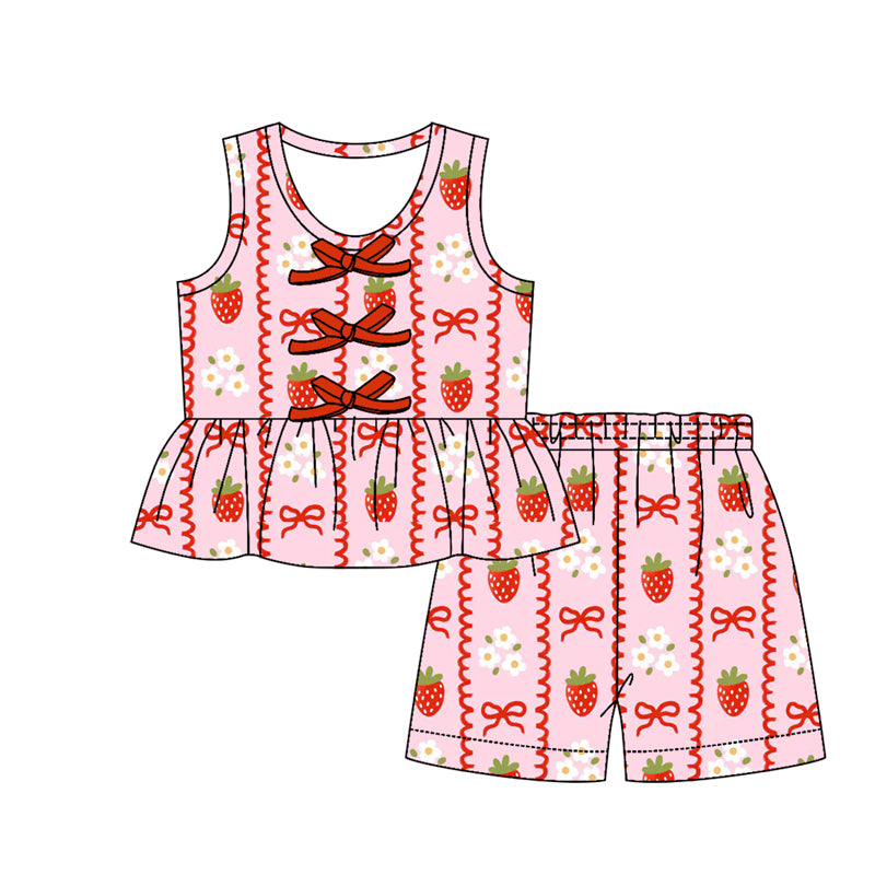 GSSO3590 Preorder Baby Girl Sleeveless Strawberry Flowers Button Tunic Short Clothes Sets
