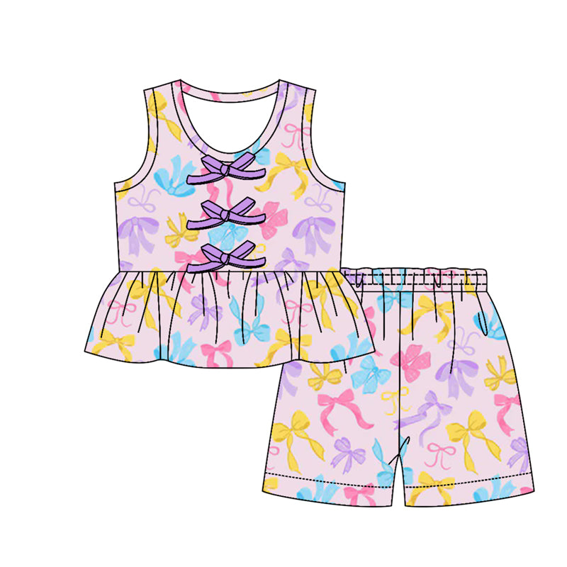 GSSO3592 Preorder Baby Girl Sleeveless Colorful Bows Button Tunic Short Clothes Sets