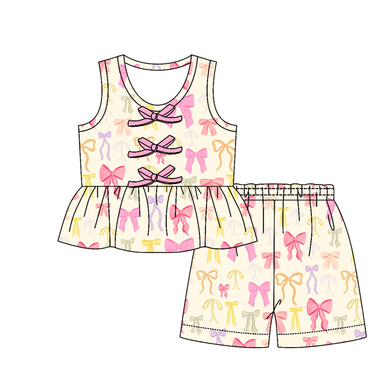 GSSO3593 Preorder Baby Girl Sleeveless Colorful Bows Button Tunic Short Clothes Sets