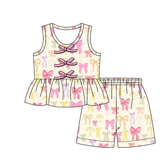 GSSO3593 Preorder Baby Girl Sleeveless Colorful Bows Button Tunic Short Clothes Sets