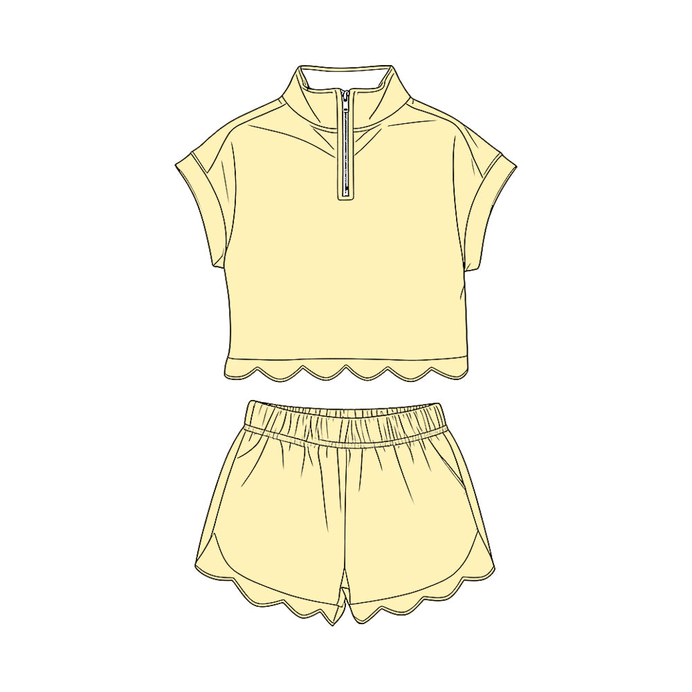 GSSO3594 Preorder Baby Girl Yellow Zipper Top Scallop Short Clothes Sets
